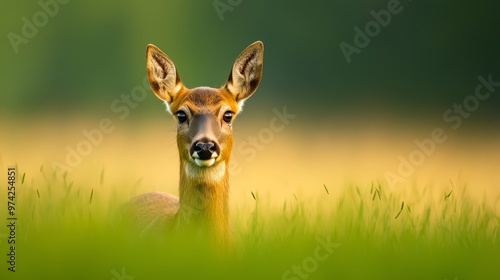  A tight shot of a deer's face in a sea of grass The backdrop softly blurs with swaying blades