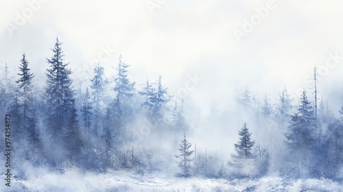 Worms-eye perspective, misty winter landscape with frost-covered pine trees, soft-focus effect capturing ethereal fog, subtle hues of a watercolor painting