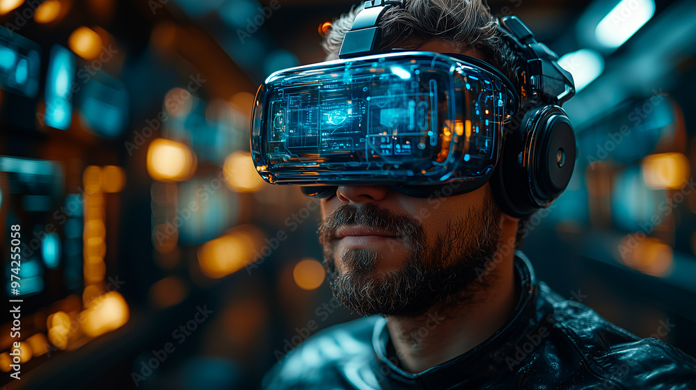 Man Engaged in Virtual Reality Experience with Futuristic Interface Man Engaged in Virtual Reality Experience with Futuristic Interface