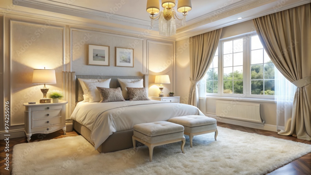 Softly lit calm retreat with plush carpet, cream-colored walls, and a comfortable bed adorned with fluffy pillows and Softly lit calm retreat with plush carpet, cream-colored walls, and a comfortable bed adorned with fluffy pillows and