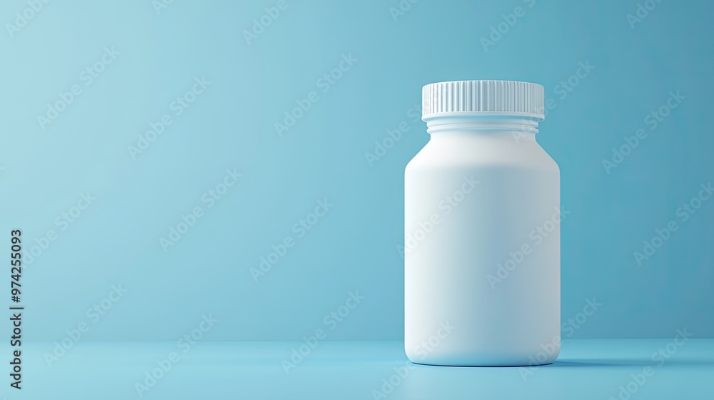 A white pill bottle on a blue background. A white pill bottle on a blue background.
