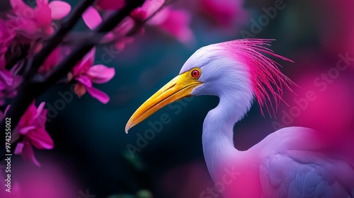  A bird perched on a branch against a backdrop of pink-flowered trees Foreground features a blurred tree with similar blooms photo