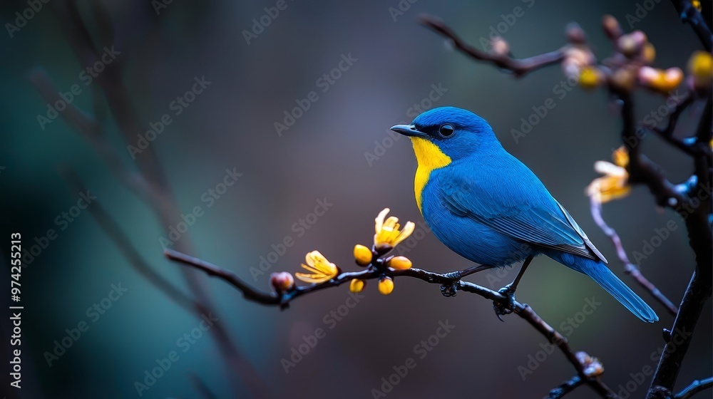 A blue-and-yellow bird perches on a tree branch, surrounded by small yellow flowers Background softly blurred A blue-and-yellow bird perches on a tree branch, surrounded by small yellow flowers Background softly blurred