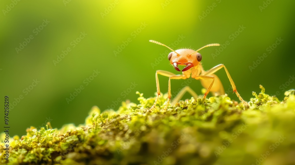 A detailed shot of a tiny insect on a mossy texture, surrounded by a softly blurred backdrop of verdant green and sunlit yellow A detailed shot of a tiny insect on a mossy texture, surrounded by a softly blurred backdrop of verdant green and sunlit yellow