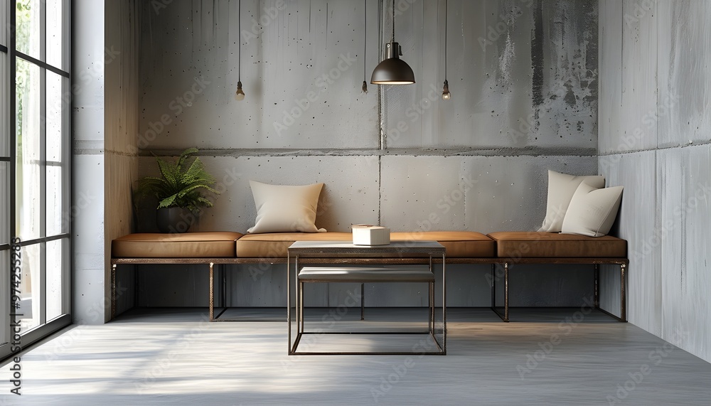 Minimalist cafe corner with raw concrete backdrop, industrial chic ...