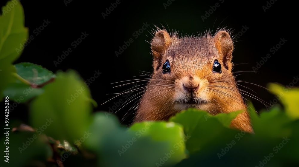 A tight shot of a squirrel's face emerges from behind a leafy green bush against a black backdrop A tight shot of a squirrel's face emerges from behind a leafy green bush against a black backdrop