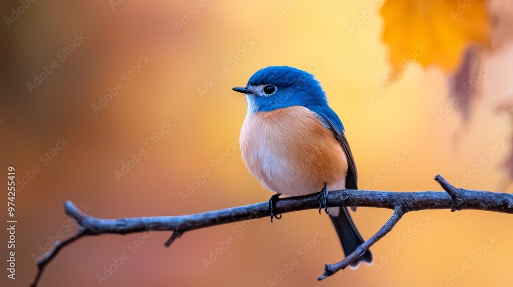 A blue-and-white bird perches on a yellow-brown branch, surrounded by tree leaves in the background A blue-and-white bird perches on a yellow-brown branch, surrounded by tree leaves in the background