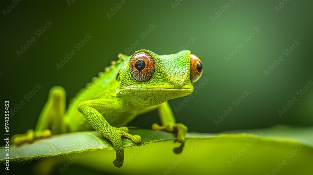 A tight shot of a green chameleon perched atop a verdant leaf against an indistinct backdrop A tight shot of a green chameleon perched atop a verdant leaf against an indistinct backdrop