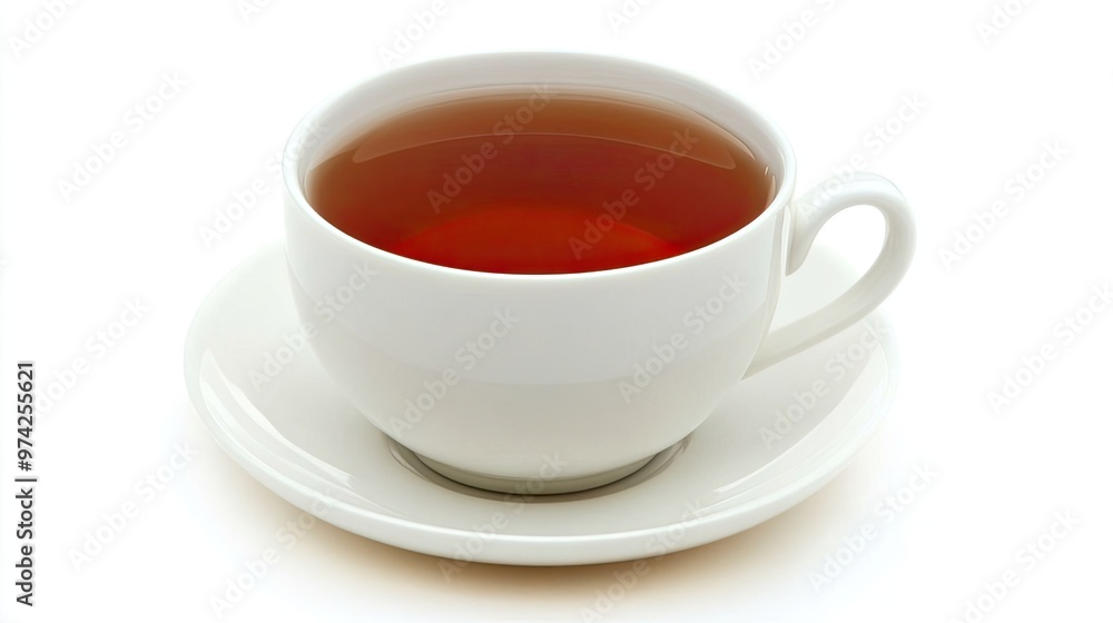 A white porcelain teacup and saucer filled with steaming hot tea. A white porcelain teacup and saucer filled with steaming hot tea.