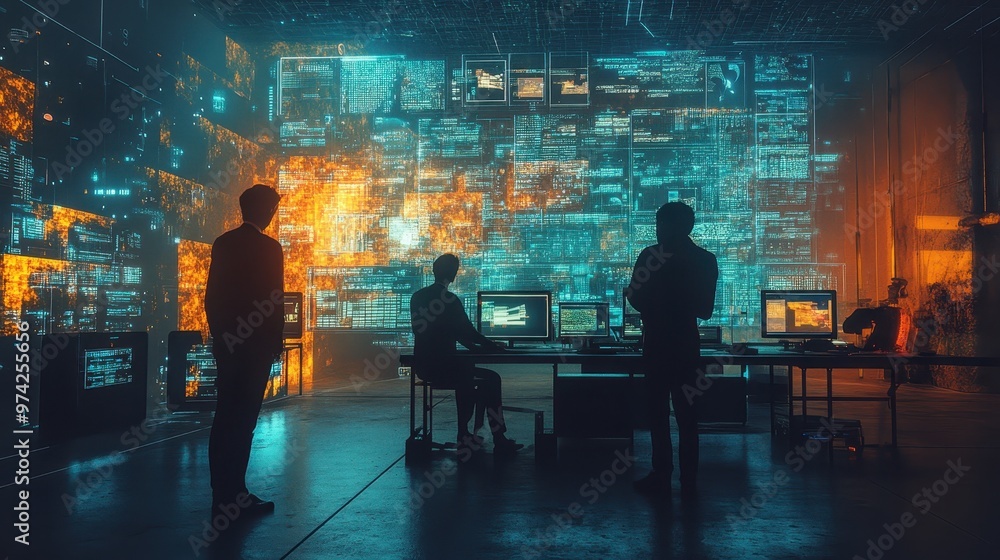 Futuristic Technology Control Room with Data Screens and Silhouettes