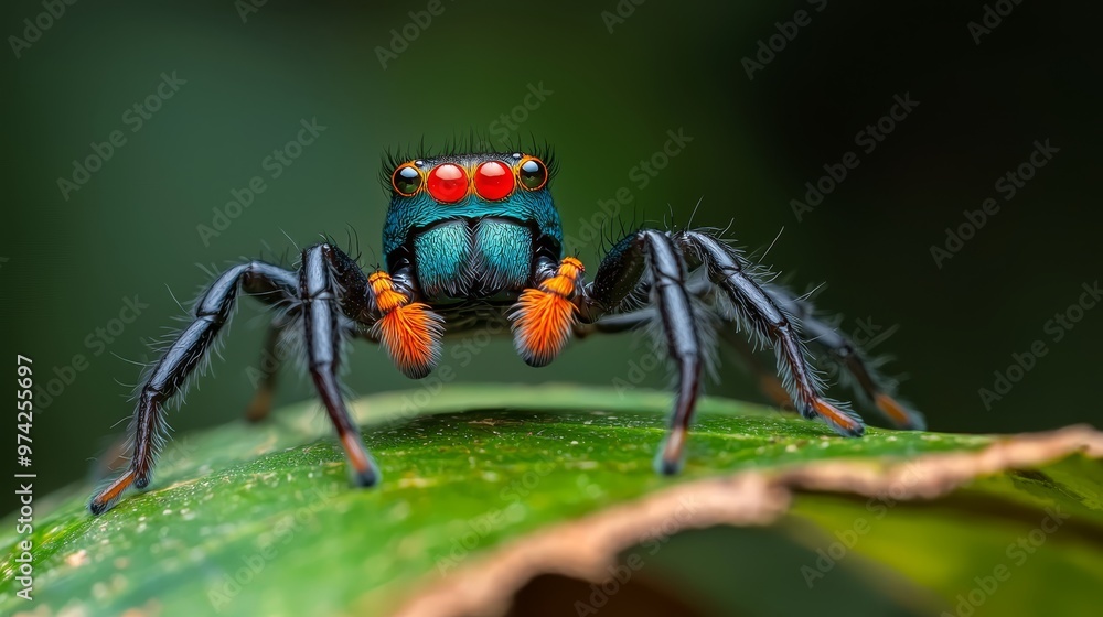 A tight shot of a blue and orange arachnid perched on a verdant leaf The spider's eyes bear a distinct red mark A tight shot of a blue and orange arachnid perched on a verdant leaf The spider's eyes bear a distinct red mark