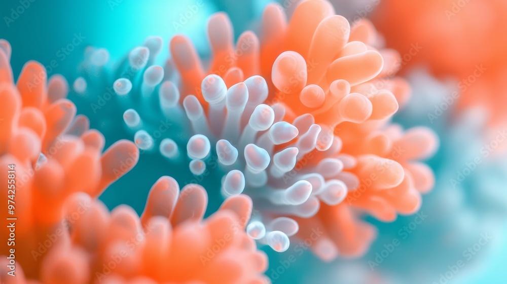 A tight shot of vibrant corals against a backdrop of blue and orange Background includes a softly blurred depiction of coral formations A tight shot of vibrant corals against a backdrop of blue and orange Background includes a softly blurred depiction of coral formations