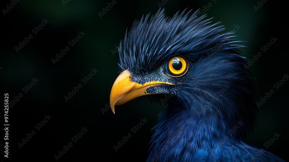 A tight shot of a blue bird against a black backdrop, its yellow beak contrasting vividly Trees outline the background A tight shot of a blue bird against a black backdrop, its yellow beak contrasting vividly Trees outline the background