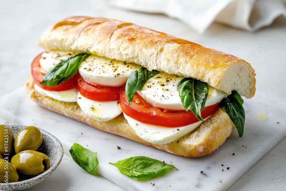 A fresh sandwich with mozzarella, tomatoes, and basil on a crusty roll. A fresh sandwich with mozzarella, tomatoes, and basil on a crusty roll.