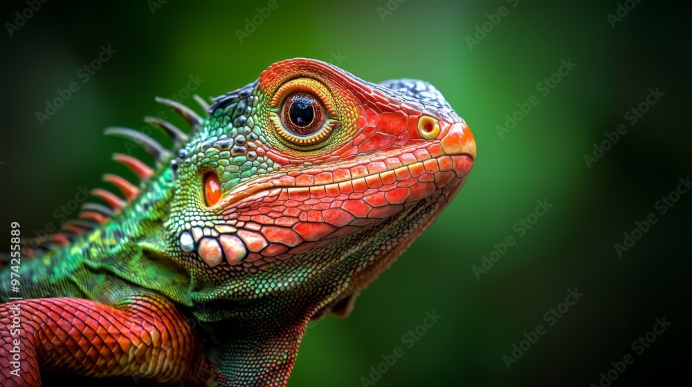 Fototapeta premium A lizard's head in focus with green and red hues, background softly blurred