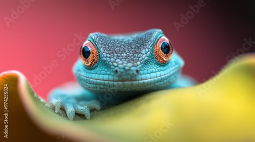  A tight shot of a blue-orange gecko perched on a yellow-yellow plant stem against a pink backdrop photo