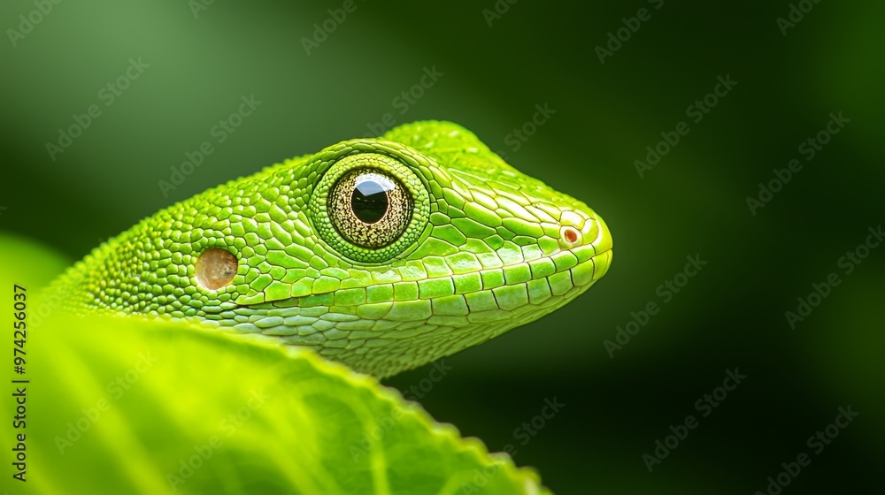 Fototapeta premium A tight shot of a green lizard's expression on a verdant leaf, surrounded by a softly blurred background