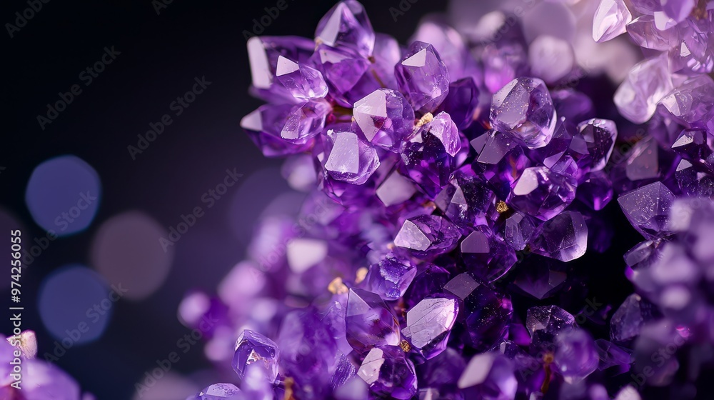 A pile of purple crystals sits atop a black table, with more crystals arranged on top A pile of purple crystals sits atop a black table, with more crystals arranged on top