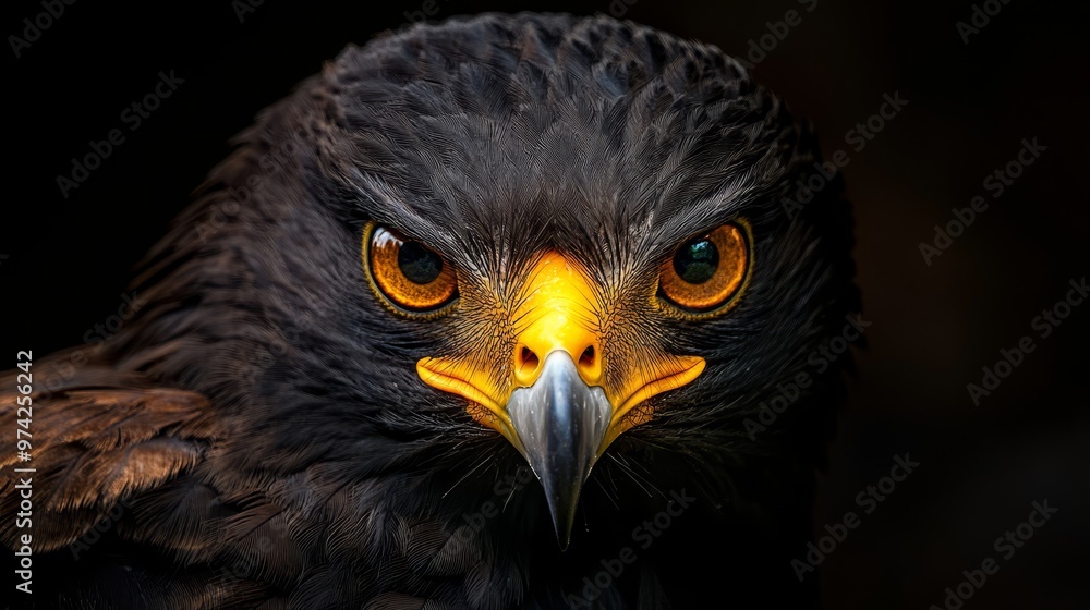 A birds-of-prey close-up, eyes intensive against black backdrop A birds-of-prey close-up, eyes intensive against black backdrop