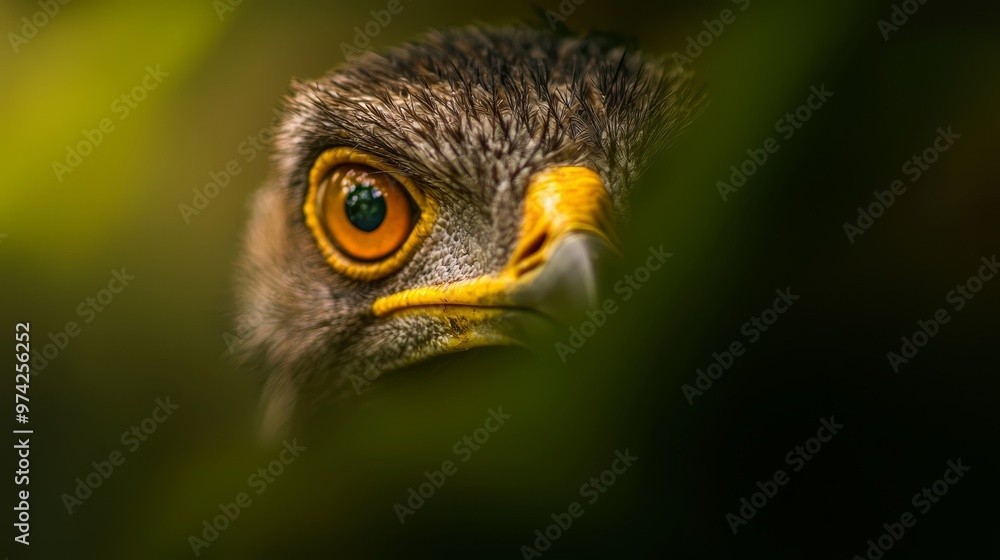 Obraz premium A tight shot of a bird's face with a yellow-eyed bird in the background