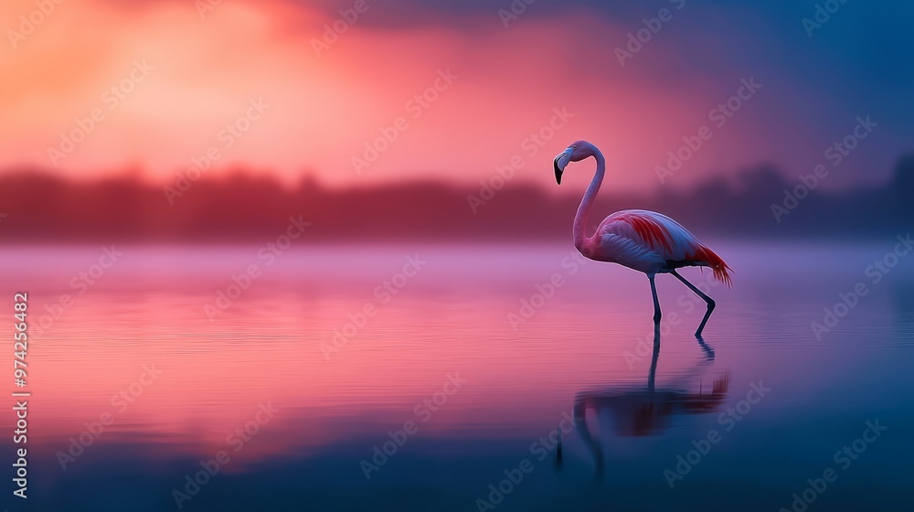 Fototapeta premium A pink flamingo poses in a tranquil body of water as the sun sets, casting an orange and pink hue on the scene