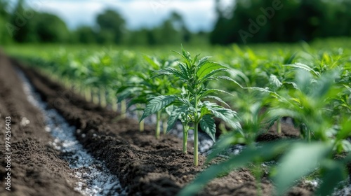 A high-tech greenhouse filled with rows of cannabis plants growing under LED lights, with automated systems monitoring temperature, humidity, and CO2 levels.