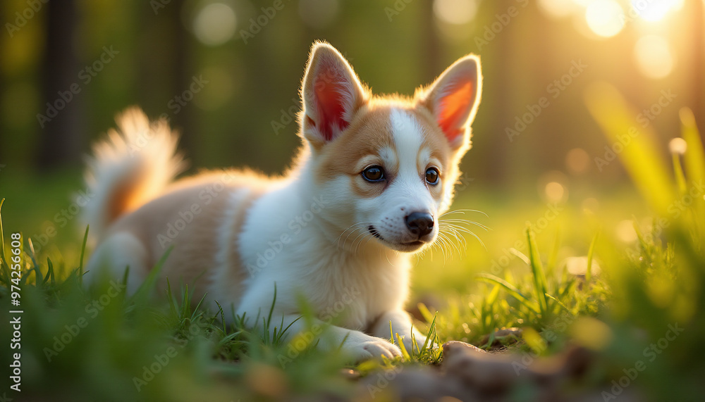 Portrait of a small dog on the background of grass Portrait of a small dog on the background of grass