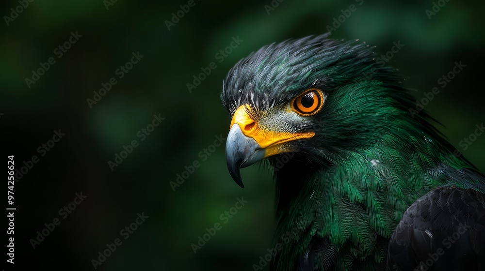 A tight shot of a bird with green-black plumage, yellow beak, and contrasting black-and-white head Tree in the backdrop A tight shot of a bird with green-black plumage, yellow beak, and contrasting black-and-white head Tree in the backdrop