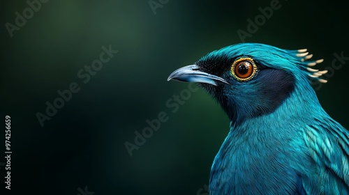  A close-up of a blue bird against a green background, with a black background overlapping for depth effect photo