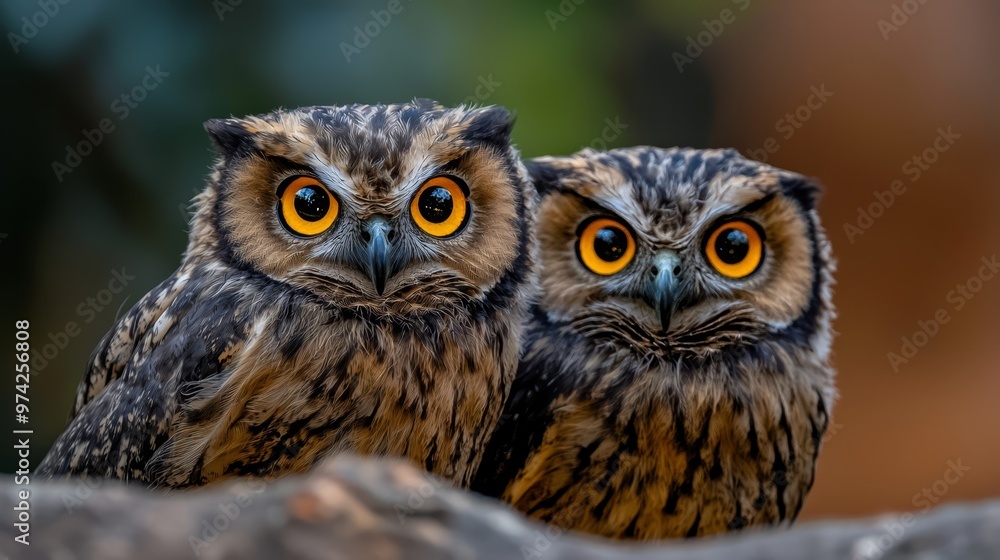 A pair of owls perched together on a rocky mound, before the forest's edge A pair of owls perched together on a rocky mound, before the forest's edge