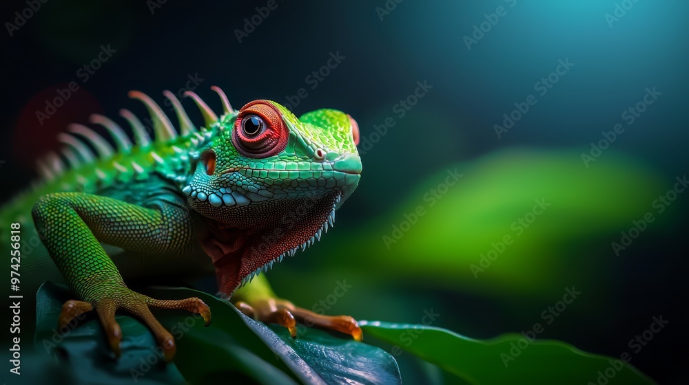 Fototapeta premium A tight shot of a vibrant green and red reptile perched on a lush green leaf, against a softly blurred background