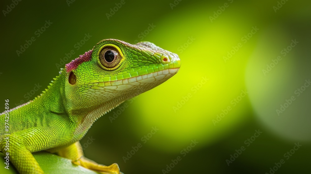 A tight shot of a green lizard perched on a tree branch against a softly blurred background A tight shot of a green lizard perched on a tree branch against a softly blurred background