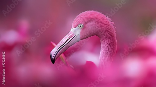  A tight shot of a pink flamingo amidst a field of pink blooms, hazy background of similar flowers photo