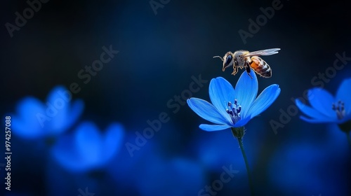  A bee atop a blue flower amidst a field, blue petals dominating the foreground