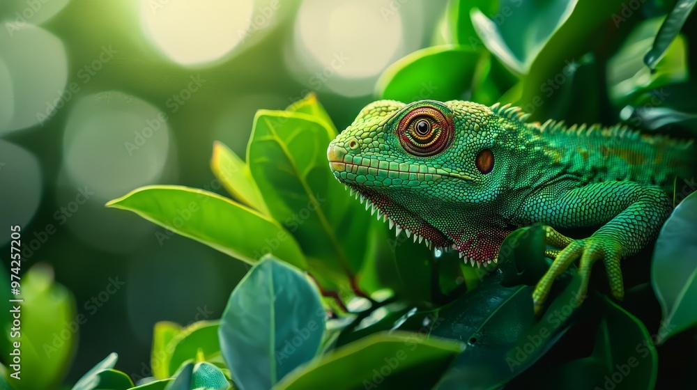 A tight shot of a green chameleon perched on a branch adorned with leafy greens Sunlight penetrates the foliage, casting brilliant rays A tight shot of a green chameleon perched on a branch adorned with leafy greens Sunlight penetrates the foliage, casting brilliant rays