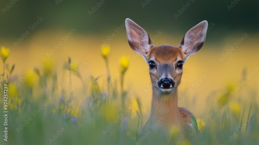 A tight shot of a small deer amidst a lush grassfield, dotted with flowers Background softly blurred with shades of yellow blooms A tight shot of a small deer amidst a lush grassfield, dotted with flowers Background softly blurred with shades of yellow blooms