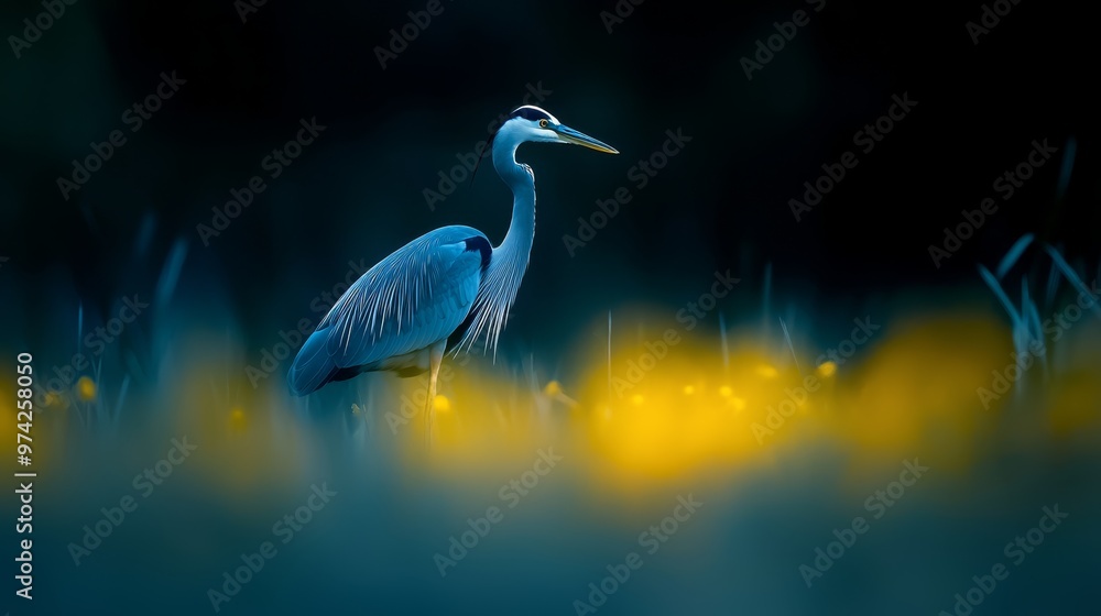 Fototapeta premium A blue bird with a long neck and legs stands amidst a field of yellow flowering grasses