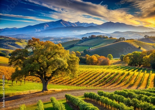 Sun-kissed landscape of rolling hills, verdant vineyards, and ancient oak trees stretching towards the Sierra Nevada