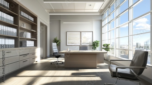 Spacious modern office with sleek, minimalist filing shelves, desk, chair and indoor plants near the glass window.