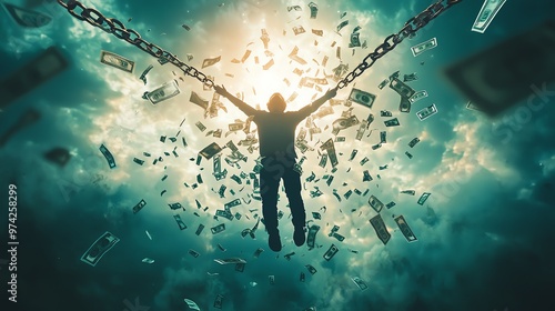 A figure breaking free from chains, surrounded by falling money, symbolizing liberation and financial freedom in a dramatic scene. photo