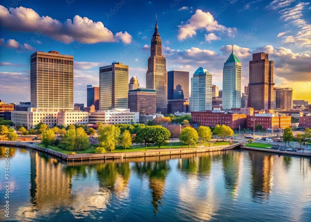 Sunny day view of Cleveland, Ohio's vibrant downtown skyline featuring sleek modern high-rises, historic buildings, and Sunny day view of Cleveland, Ohio's vibrant downtown skyline featuring sleek modern high-rises, historic buildings, and