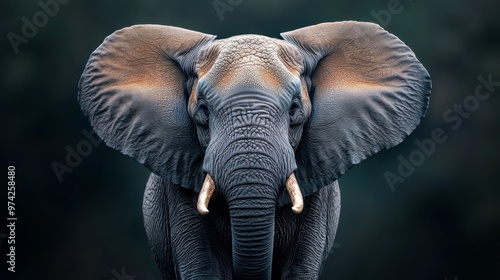  A tight shot of an elephant's head and curved tusks against a backdrop of trees