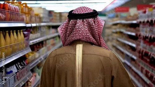Photography from the back of a Saudi Arabian Gulf man buying household needs from the supermarket