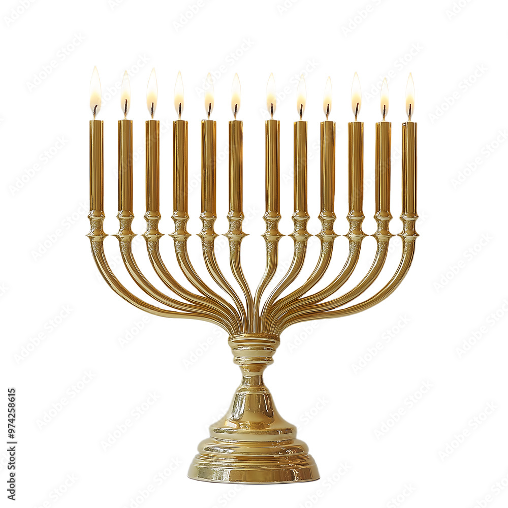 Gold menorah with lit candles, isolated on a transparent background, perfect for religious celebrations, Hanukkah decorations, or traditional Jewish holiday themes
Gold menorah with lit candles, isolated on a transparent background, perfect for religious celebrations, Hanukkah decorations, or traditional Jewish holiday themes