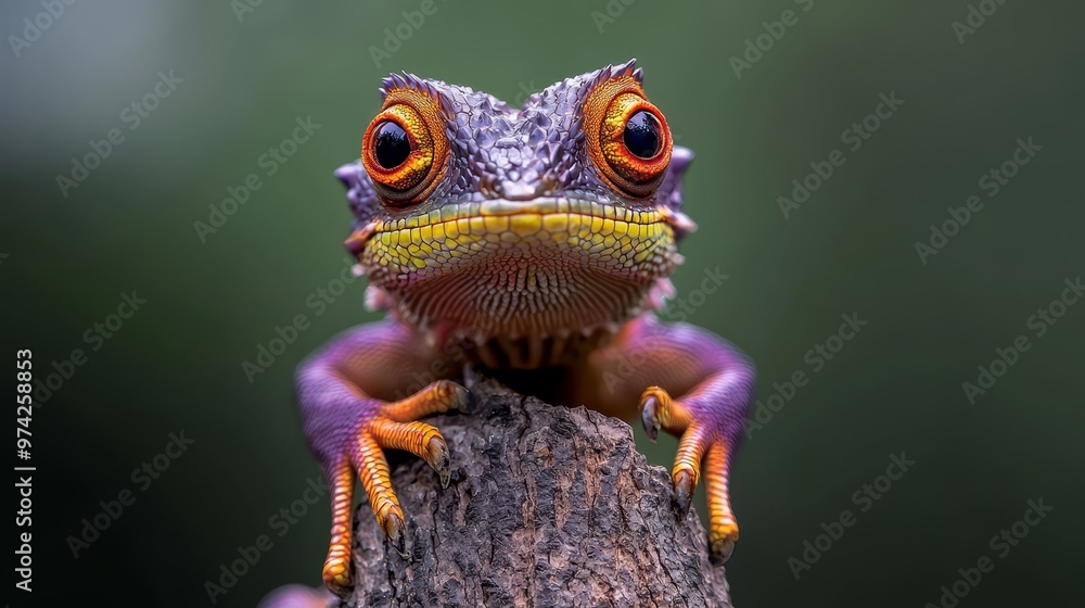 A tight shot of a lizard perched on a tree trunk against a hazy background A tight shot of a lizard perched on a tree trunk against a hazy background