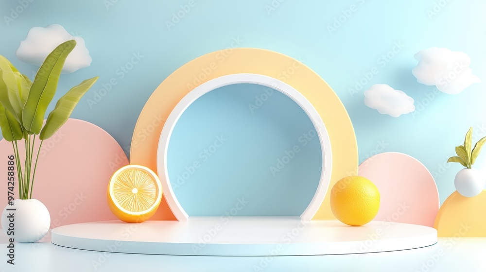 3D Rendered Abstract Background with Fruits and Pastel Colors 3D Rendered Abstract Background with Fruits and Pastel Colors