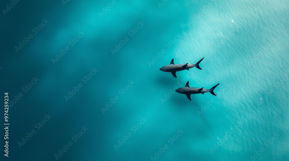 Three sharks swimming in a crystal-clear body of water against a backdrop of a blue sky and fluffy white clouds Three sharks swimming in a crystal-clear body of water against a backdrop of a blue sky and fluffy white clouds
