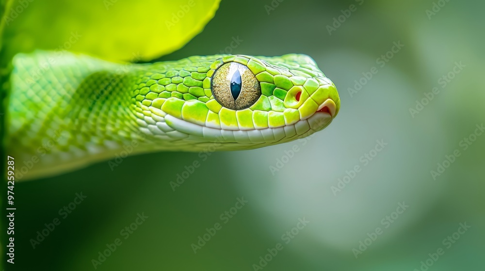 A tight shot of a green snake's eye perched on a branch against a backdrop of a verdant leaf A tight shot of a green snake's eye perched on a branch against a backdrop of a verdant leaf