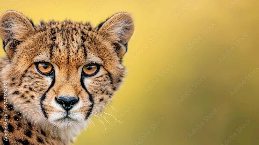 A tight shot of a cheetah's intense face against a blurred background A tight shot of a cheetah's intense face against a blurred background