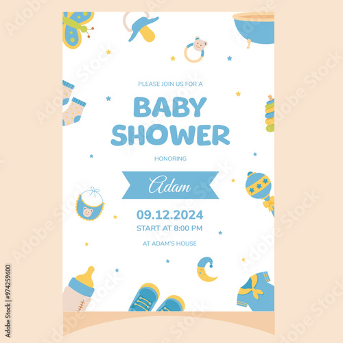 Baby shower party invitation. It's a boy. Template for party invitation, poster, greeting card.